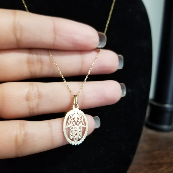 💎14KT YELLOW GOLD HAMSA HAND PENDANT WITH CHAIN - Picture 3 of 11